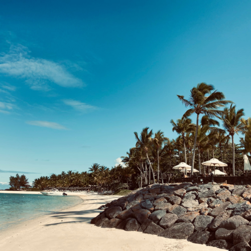 Serene sandy beach in Moka District, Mauritius, with clear blue skies and lush palm trees.