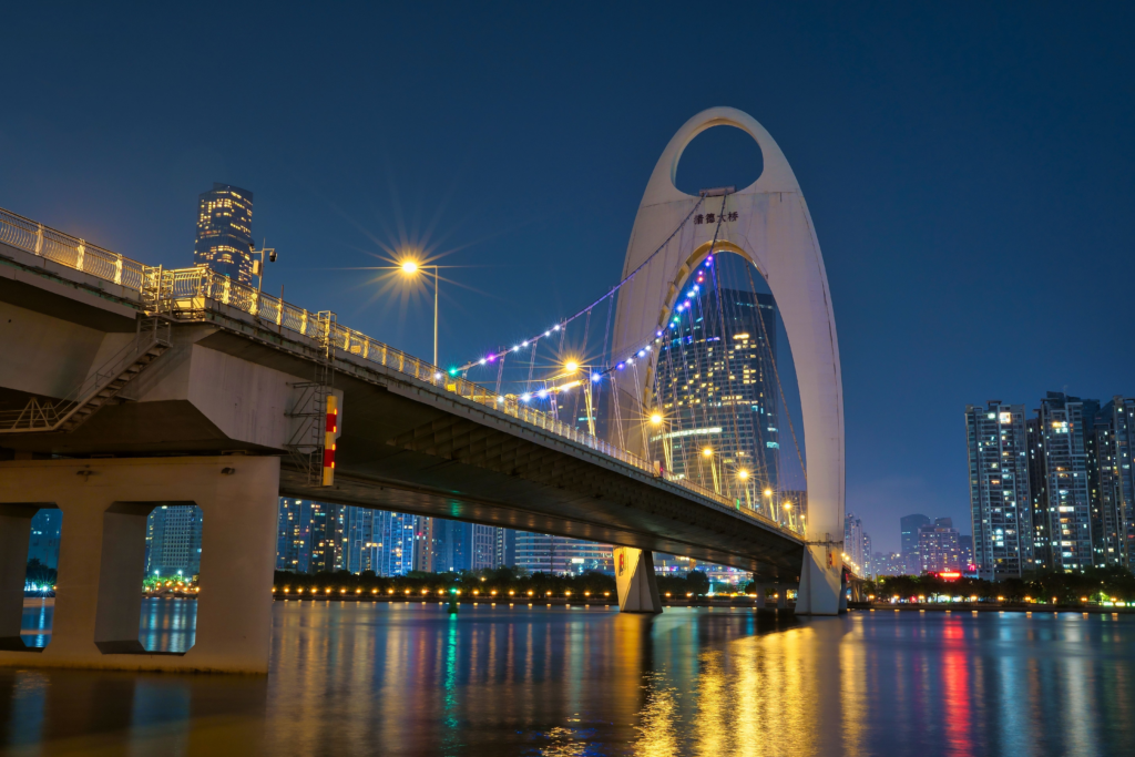 Guangzhou riverfront and Canton Tower at night